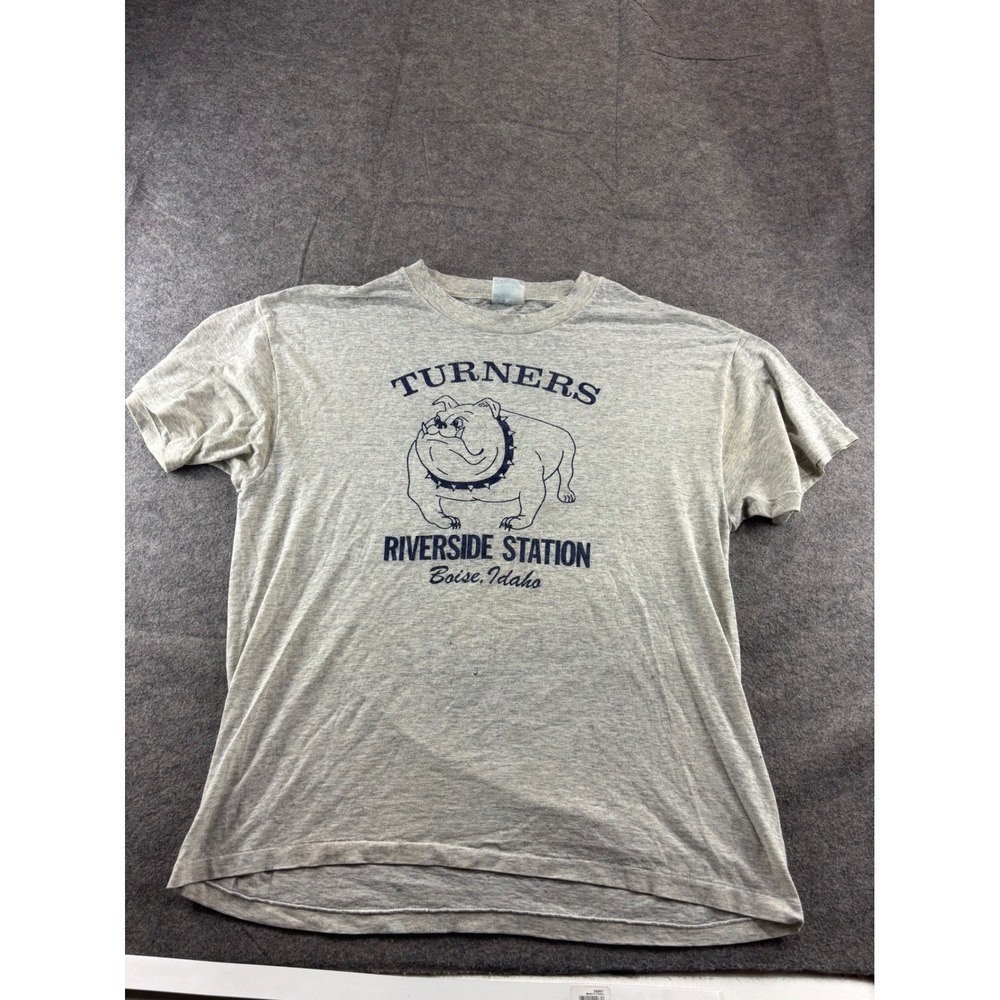 VTG Hanes Turners Riverside Station Boise Idaho Bulldog T-Shirt Gray L THRASHED